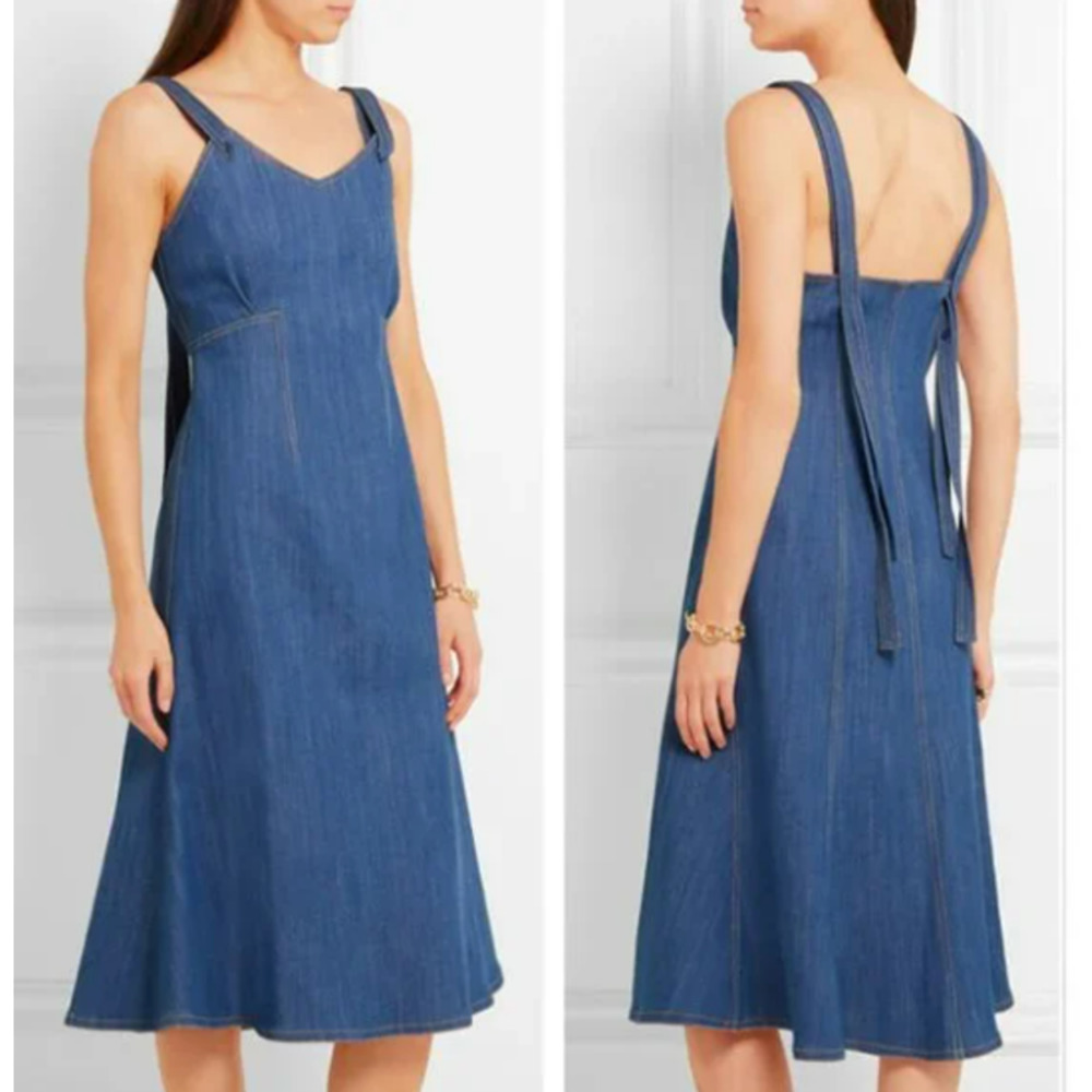 Adam Lippes Blue Stretch Cotton Denim Sleeveless V-Neck Tank Midi Dress Sz 2